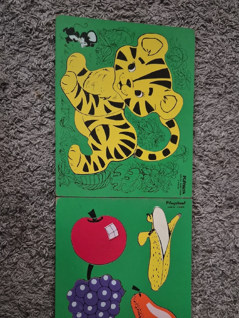 Vintage Yellow Tiger Animal Puzzle And Vintage 4pc Fruits I Like Puzzle